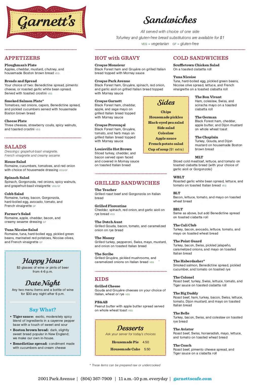 Menu Cafe on Park Avenue Richmond, Virginia