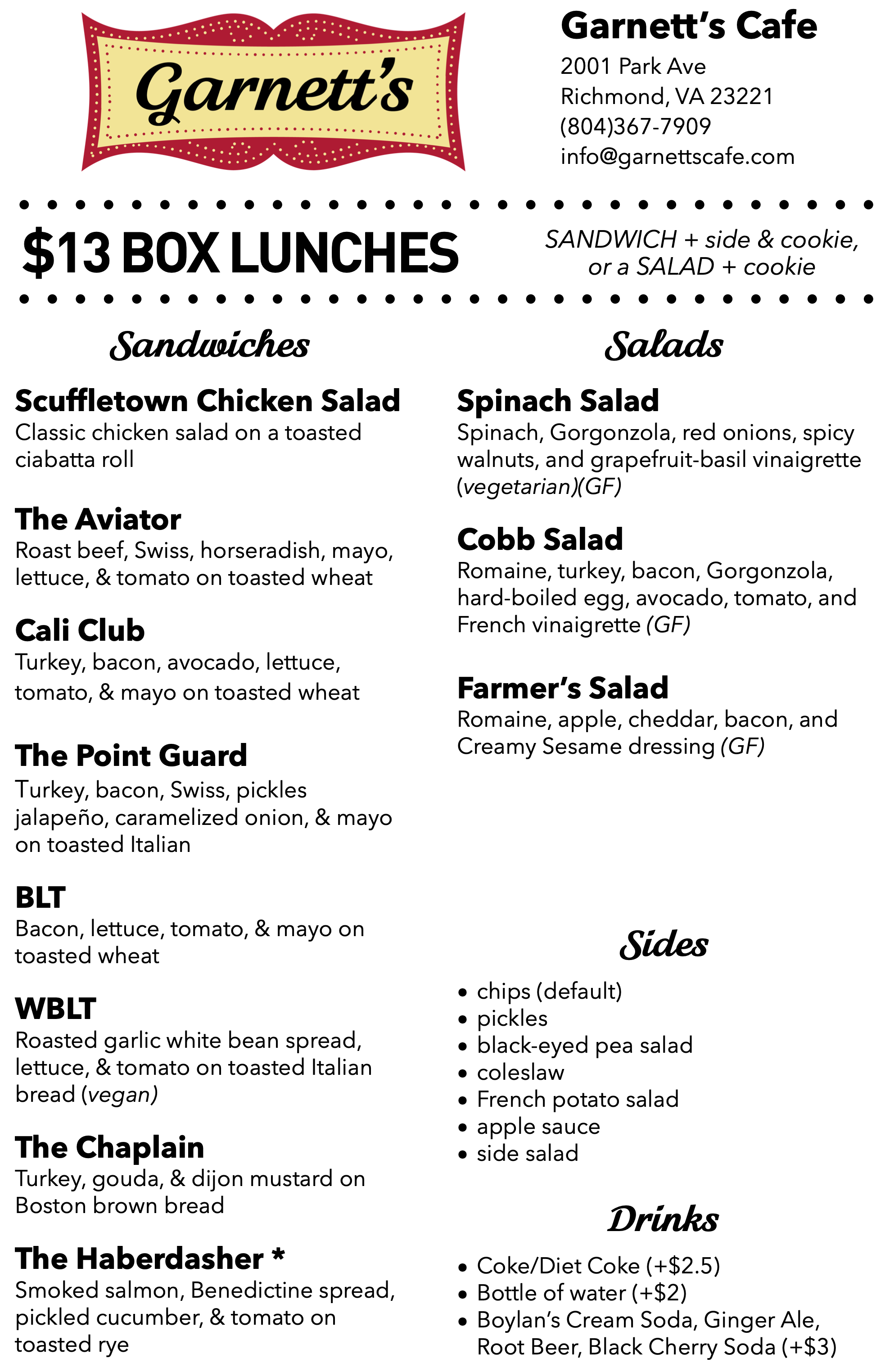 box lunch menu - sandwiches and salads